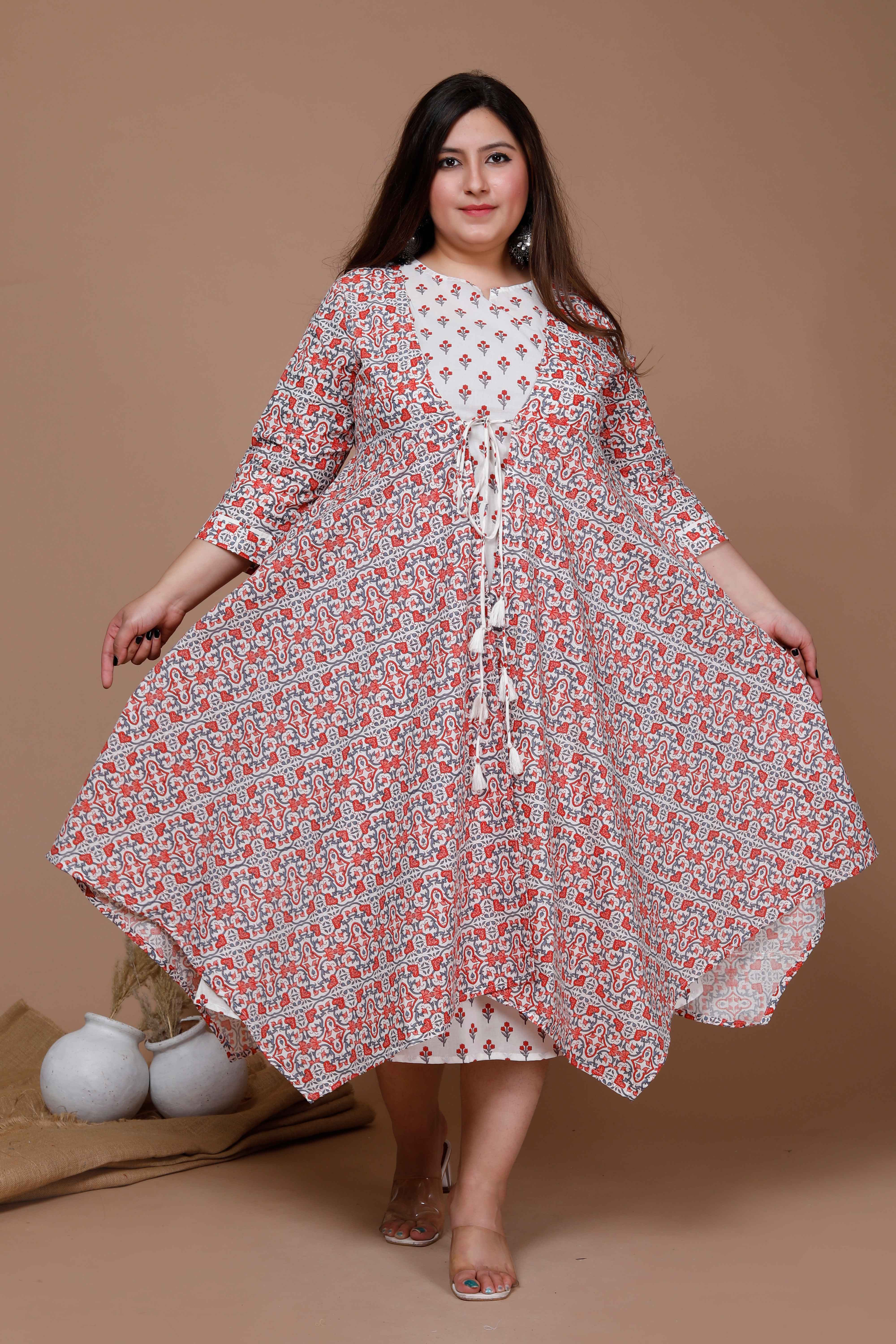 Orange Floral Printed Sleeveless Anarkali Kurta with Printed Jacket